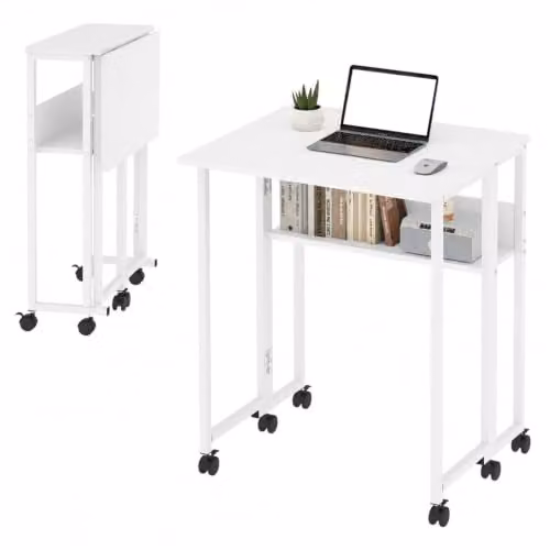 Levede White Folding Computer Desk with Castors, W/D/H: 100 x 60 x 75 cm