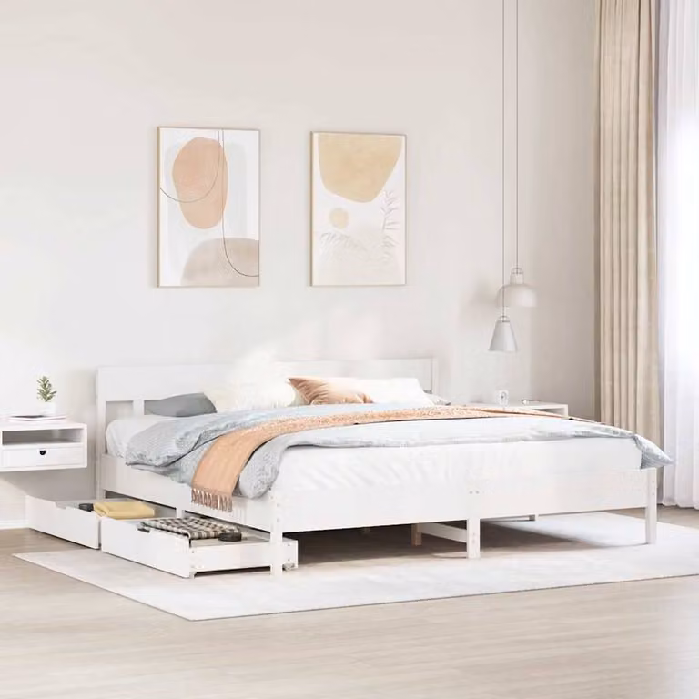Berkfield Home Super King Solid Wood Pine Bed Frame in White, W: 180 cm, D: 200 cm