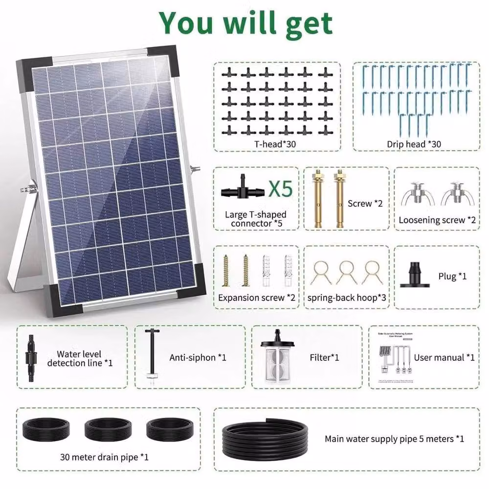 KORVIXA 5W Solar Automatic Drip Irrigation Kit with Timer, Black, W/D/H: 100 x 100 x 100 cm – 2