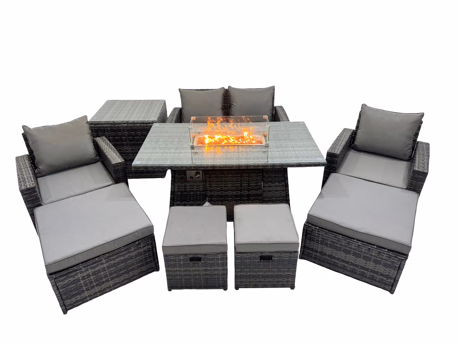Fimous Outdoor Love Sofa Set with 8 Seats, Gas Firepit Table, 4 Stools and Side Table in Dark Grey – 2