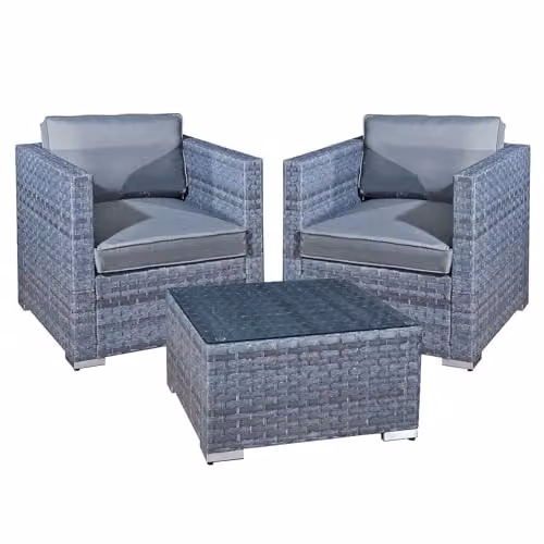 Oseasons Malta Rattan 2 Seat Tea for Two Set in Ocean Grey, Weather Resistant Outdoor Bistro Set with Cushions and Coffee Table