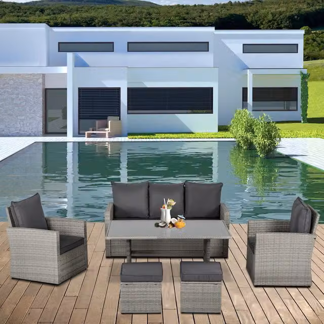 Outsunny Modern Grey PE Rattan and Metal Patio Sofa Furniture Set