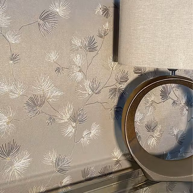 Belgravia Decor Valentino Pine Champagne Botanical Floral Classic Wallpaper in Gold and Beige with Satin Gloss Finish