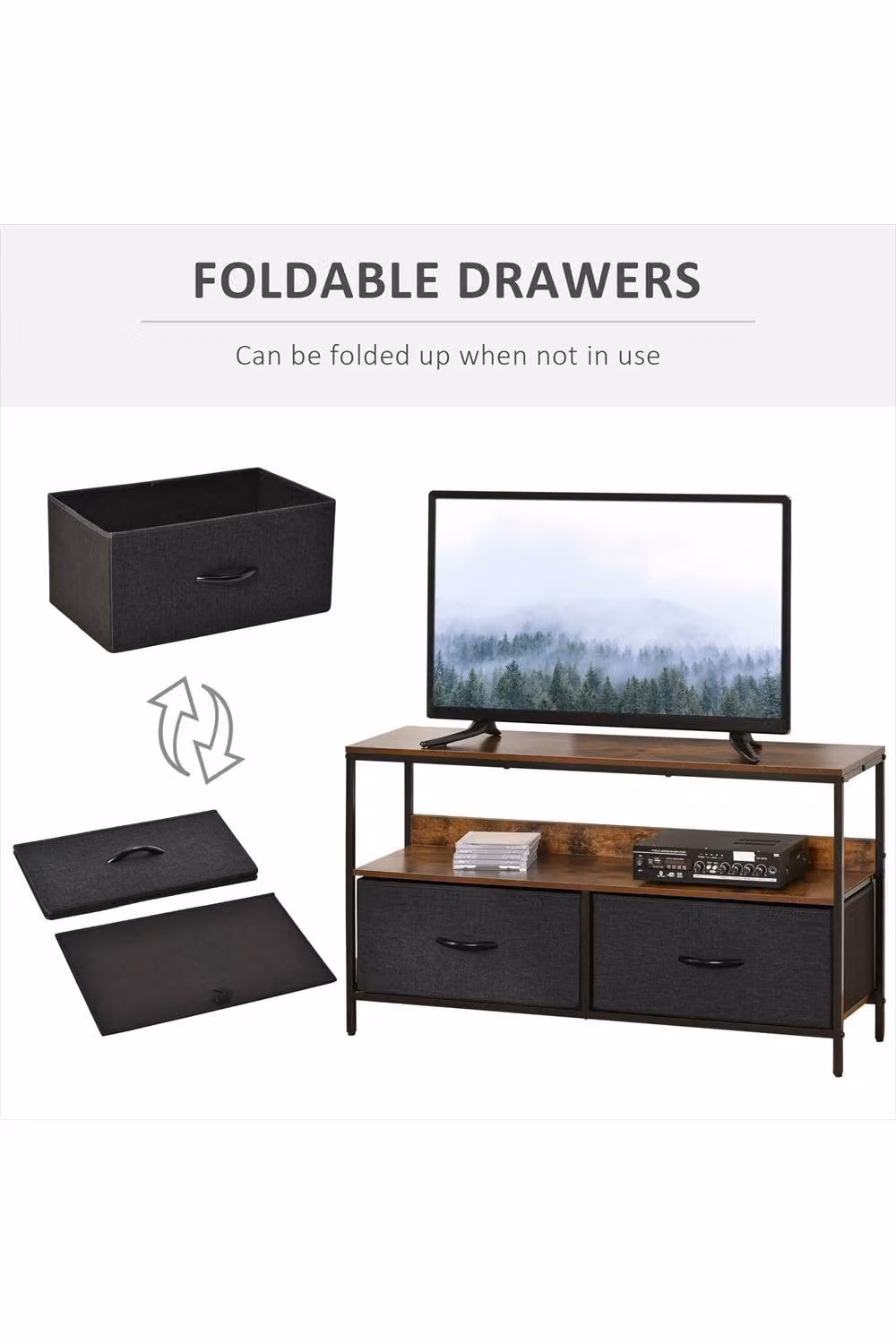 ERGOVEXA Industrial TV Stand Cabinet with 2 Foldable Drawers in Brown – 3