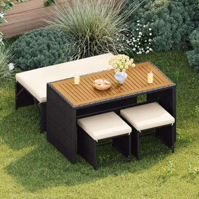 Yaheetech 4-Piece Modern Rattan Outdoor Dining Set with Rectangular Table, Bench and Chairs in Beige and White
