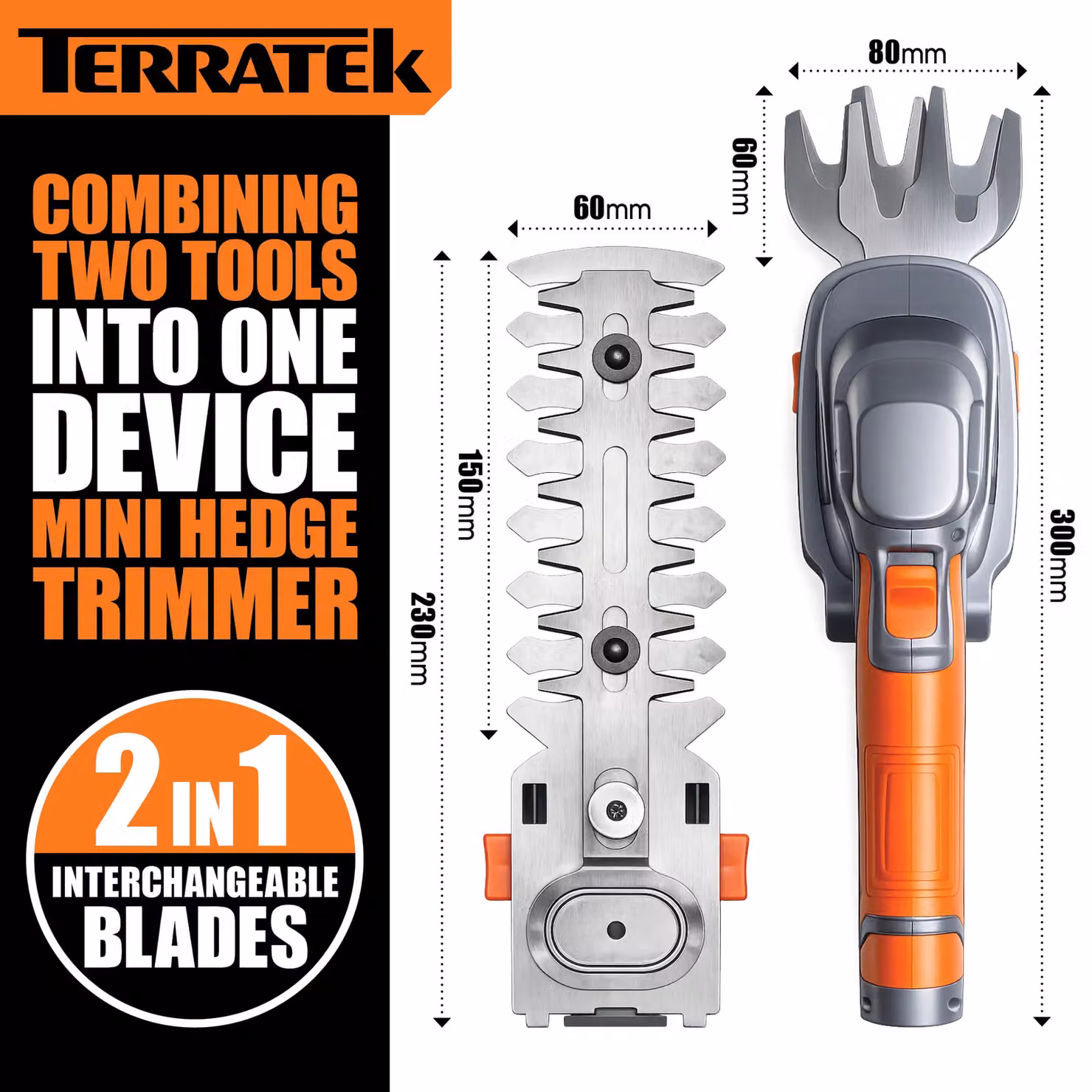 Terratek 2-in-1 Cordless Hand Held Hedge Trimmer and Topiary Shears with 7.2V Li-Ion Battery in Grey – 7