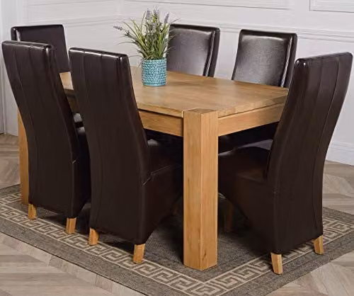 Thats Furniture Kuba Oak Dining Table and 6 Lola Brown Leather Chairs Set, W: 150 cm, D: 85 cm, H: 78 cm – 1