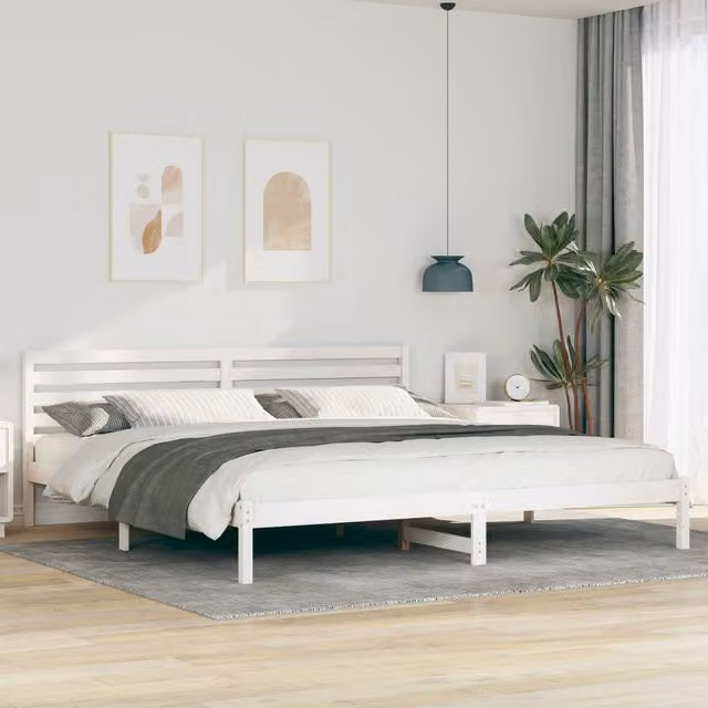 Berkfield Home White Solid Pine Wood Bed Frame with Headboard W/D/H: 200 x 200 x 220 cm – 1