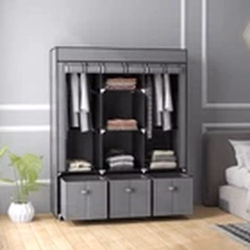 EONLION Grey Portable Fabric Wardrobe with 5 Shelves and 3 Drawers – 4