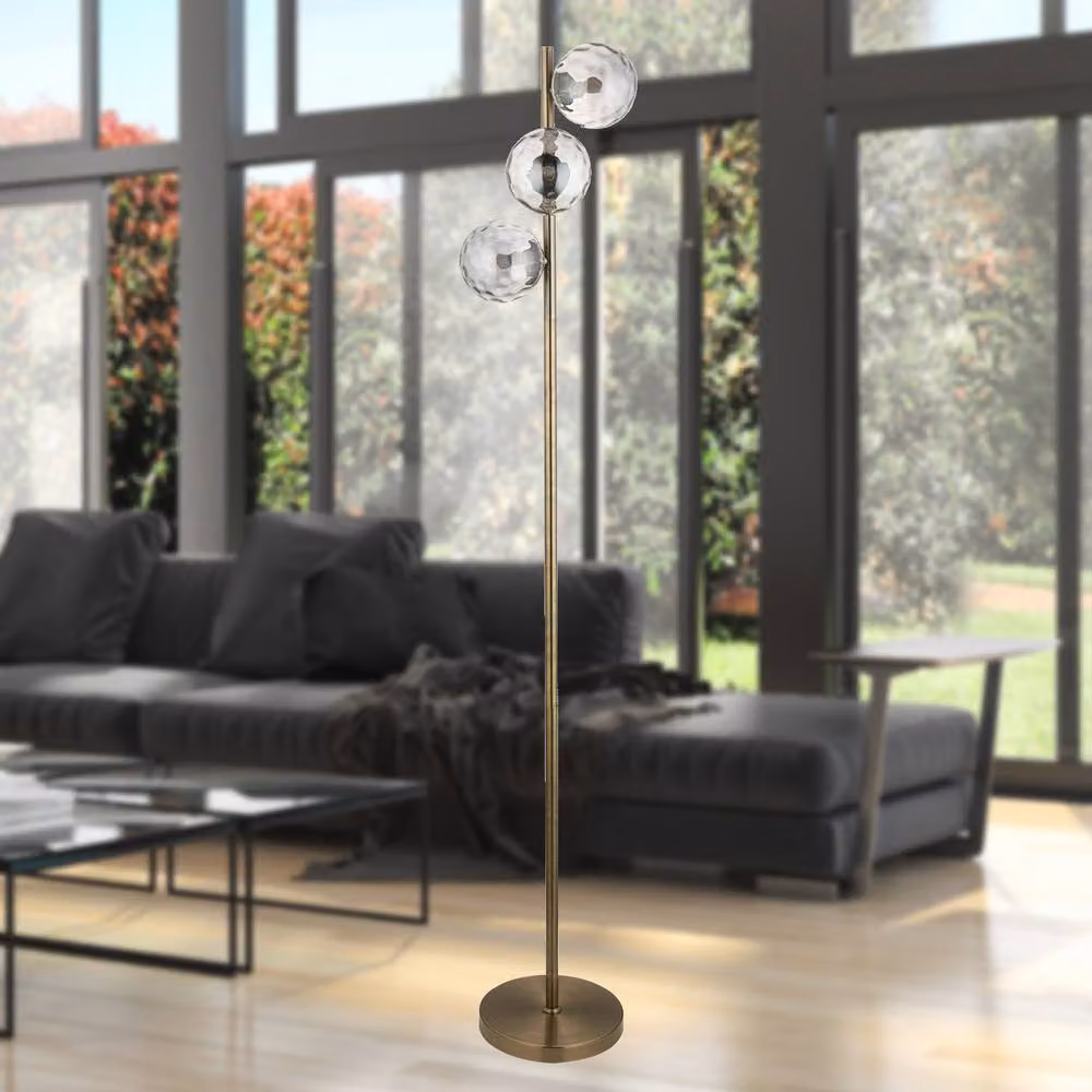 First Choice Lighting Becksley Floor Lamp in Antique Brass and Bronze with Transparent Glass Globe Shades, Height: 145.2 cm – 2
