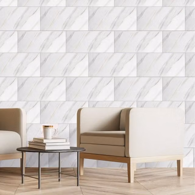 Komore 10 Piece Peel and Stick Marble Effect Plastic Wallpaper Tiles in White