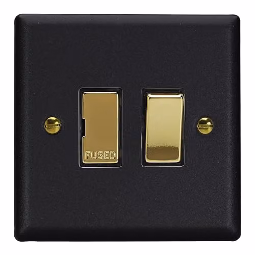Varilight Vogue Collection 1-Gang Switched Fused Spur in Matt Black with Brass Insert