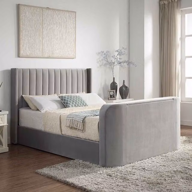 Home Treats Grey Velvet Ottoman TV Bed, W: 140 cm, D: 200 cm