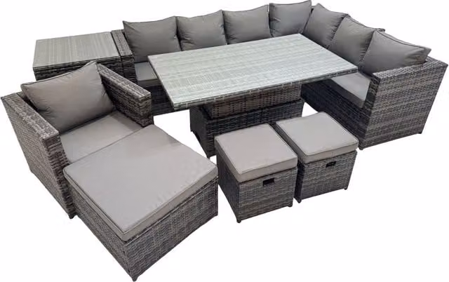 Fimous 10-Seater Rattan Corner Sofa Set with Height-Adjustable Rising Table in Dark Grey Mixed