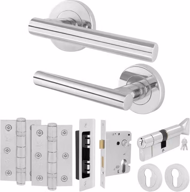 AFIT Polished Chrome Door Handle with Euro Lock Thumbturn Cylinder and Hinges in Silver, W/D/H: 15 x 15 x 1.5 cm – 1