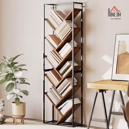 HOMCOM 10 Tier Tree Bookshelf, Industrial Tall Display Bookcase in Brown and Black, H 170 x W 50 x D 24 cm – 2
