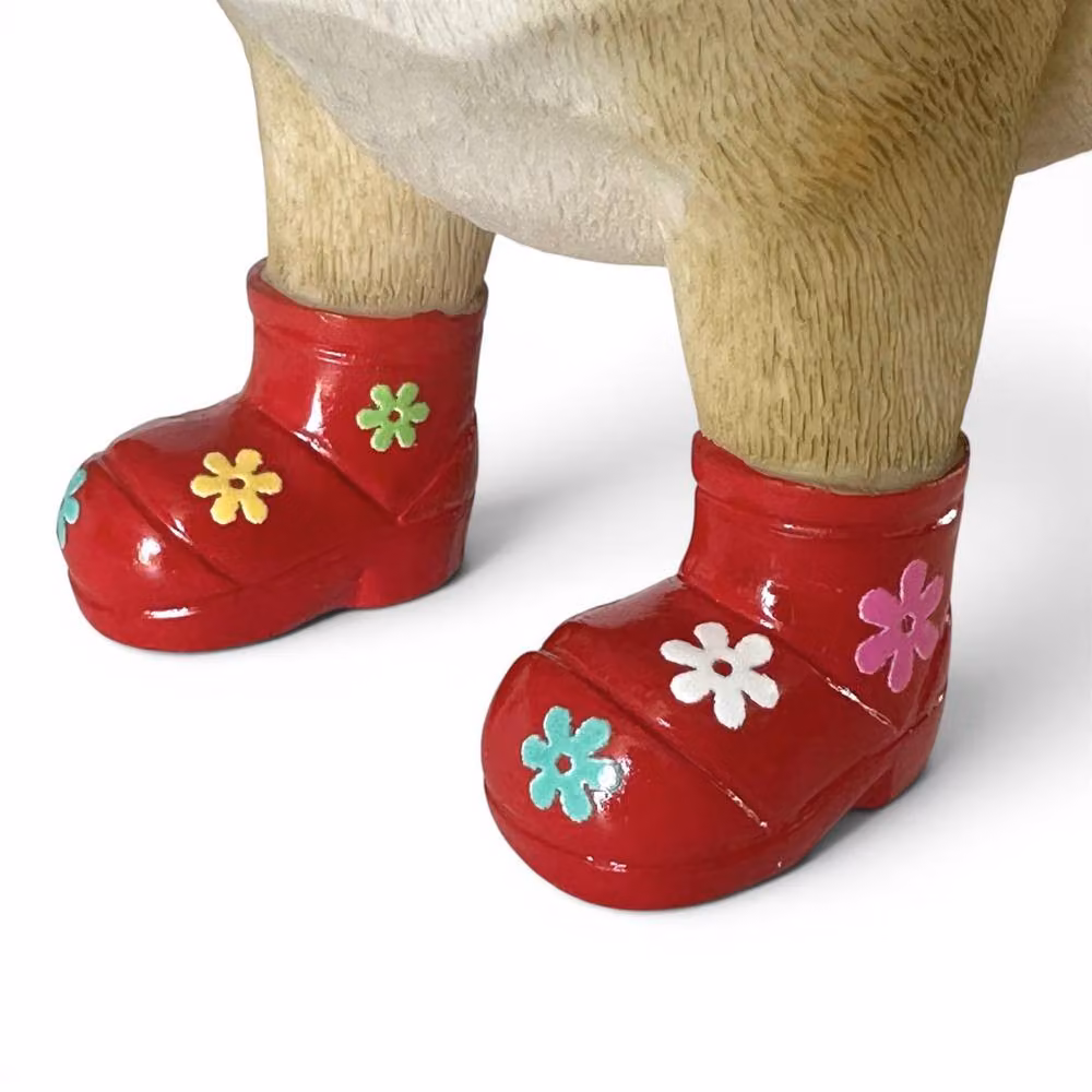 Animal Crackers Pug Dog Figurine in Red Welly Boots with Floral Decoration, Brown – 2