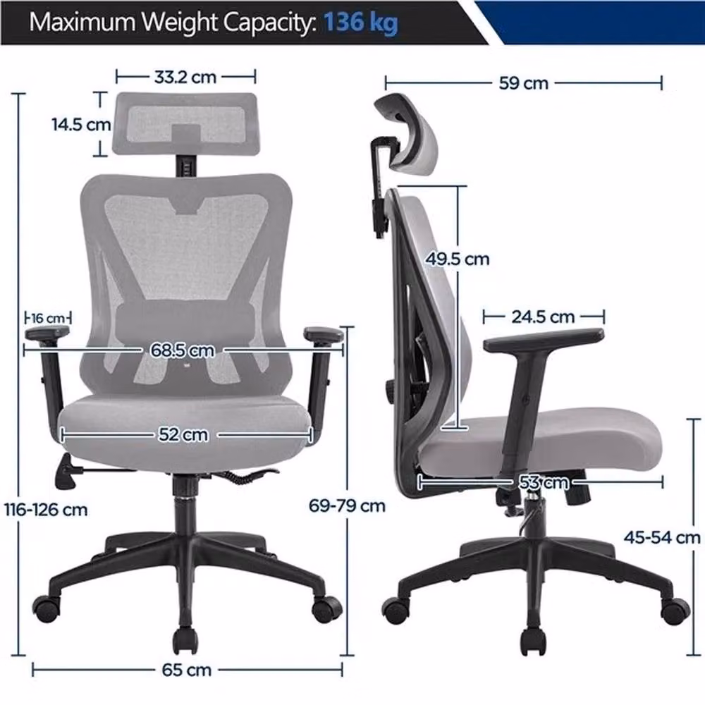 KORVIXA Ergonomic Grey Fabric Office Chair with Headrest and Armrests – 2