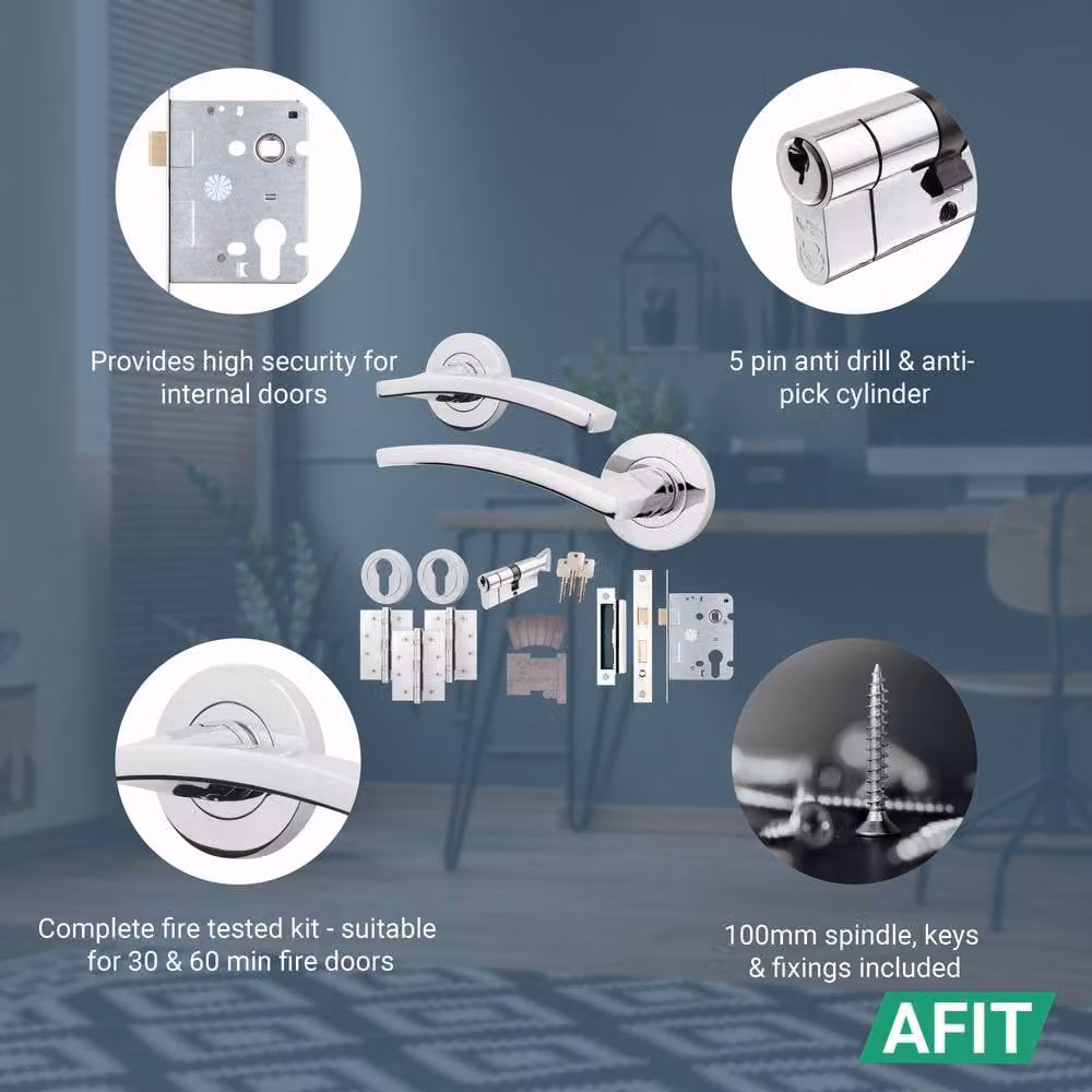 AFIT Chrome Fire Door Handle Euro Lock Thumbturn Cylinder Set with Hinges in Silver, W/D/H: 15 x 15 x 1.5 cm – 2