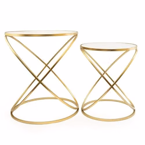 Madison & Mayfair Set of 2 Gold Criss Cross Nesting Tables with Glass Tops