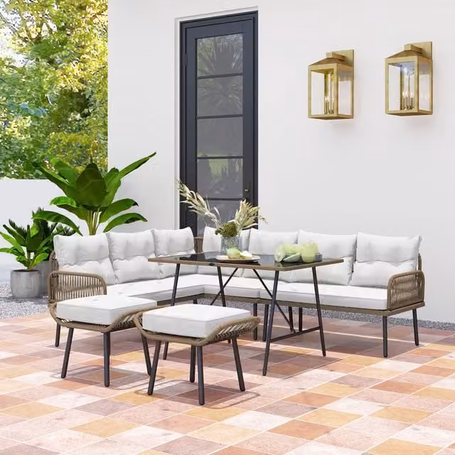 Outsunny 6 Piece Modern Rattan Garden Furniture Set in Beige and White
