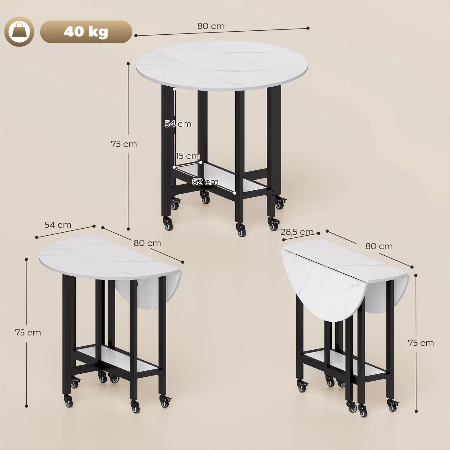 HOMCOM White Marble Drop Leaf Folding Dining Table with Open Shelf and Castors – 3