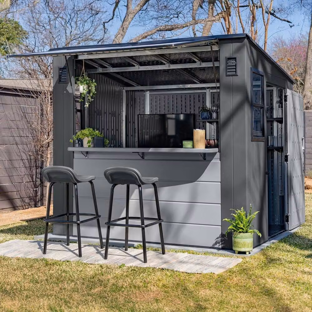 Rowlinsons Cabana Entertainment Shed and Bar in Grey and Black with Pent Roof, Window, and Shelving – 2