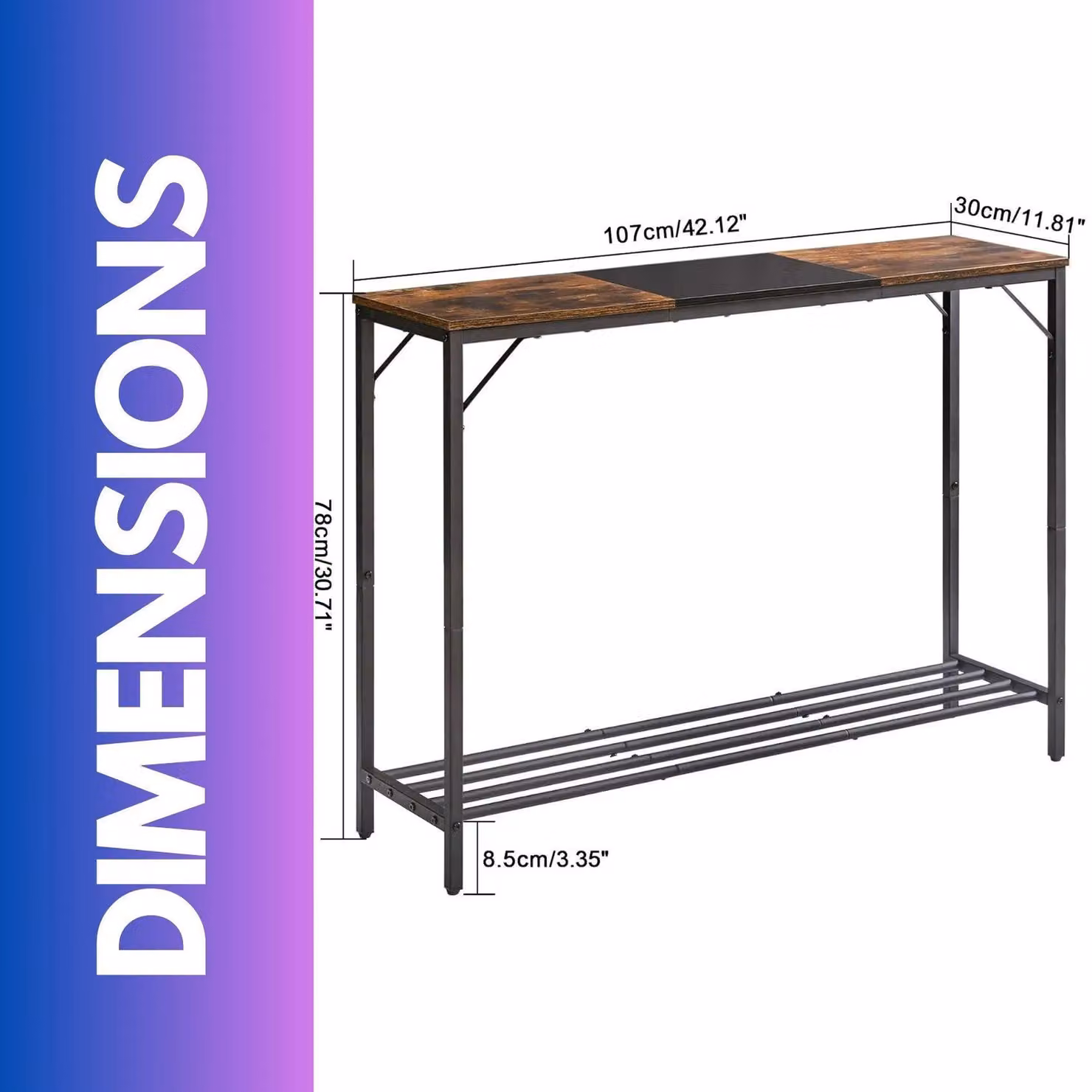 FURNOS 2-Tier Industrial Rustic Console Table with Metal Frame in Brown and Black – 3
