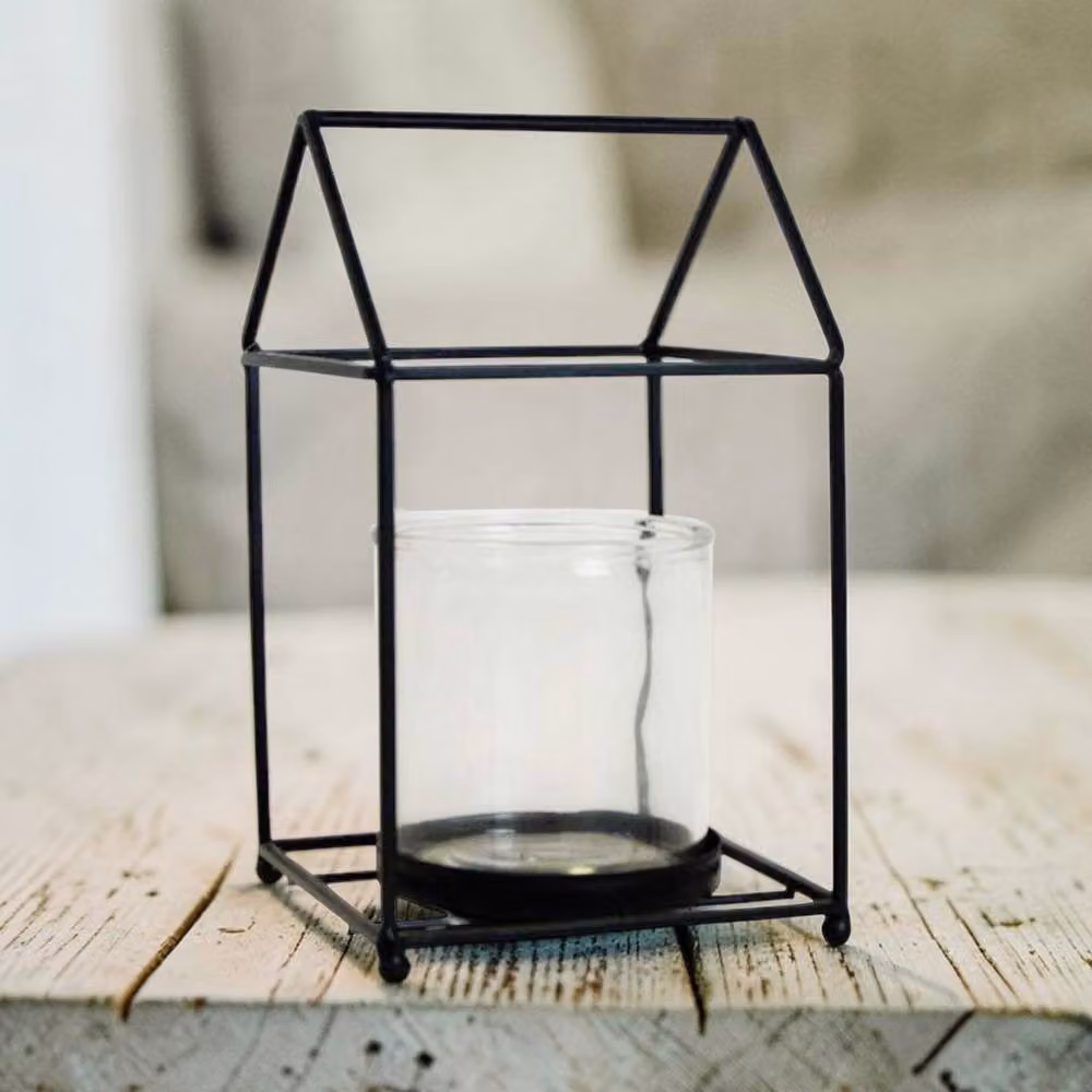 Four Candle Black House Shaped Tabletop Lantern with Glass Insert – 2