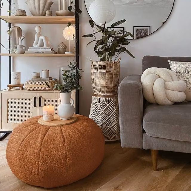 rucomfy Indoor Snug Pouffe Bean Bag Footstool in Burnt Orange Bouclé Fabric