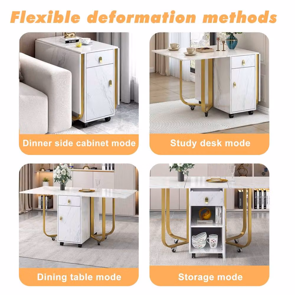 Matteo Modern Space-Saving Folding Dining Table with Cupboard and Drawers in White and Gold – 2