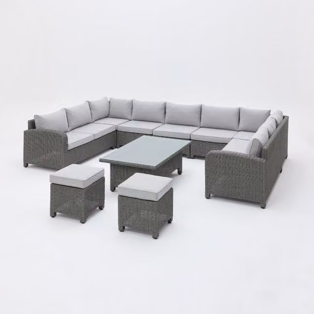 Segrada U-Shaped Polyrattan Garden Furniture Set in Grey with Rising Table and Ottoman for 9 Adults