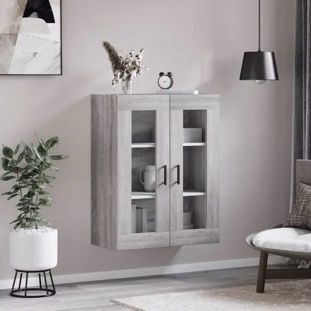 Berkfield Home Wall Mounted Cabinet in Grey with Glass Doors, W: 69.5 cm, D: 34 cm, H: 90 cm