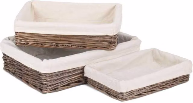 Red Hamper Set of 3 Rectangular Straight-Sided Wicker Trays with Cotton Lining in Brown and Red, Width: 30 cm – 2