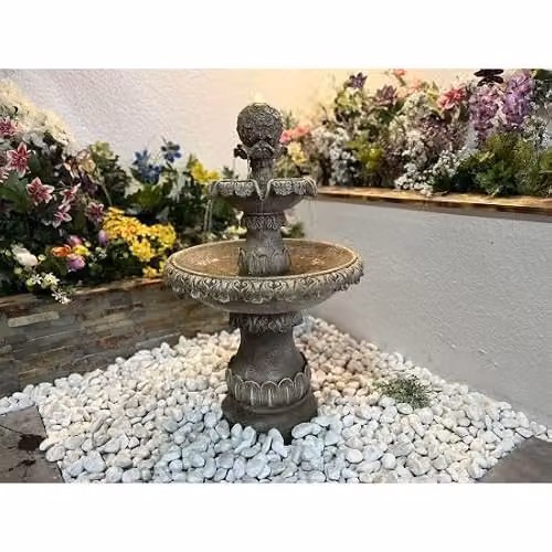 Tranquility Classic Round Floral Tabletop Water Fountain in Natural Grey Resin – 3