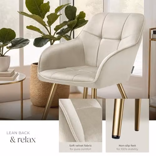 tectake Set of 2 Marilyn Dining Chairs with Velvet Fabric and Gold Metal Legs in Cream/Gold – 2