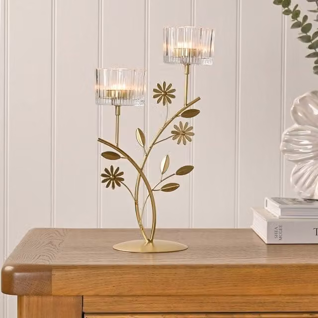 Hestia Gold Floral Double Candle Holder for Taper or Tealight Candles