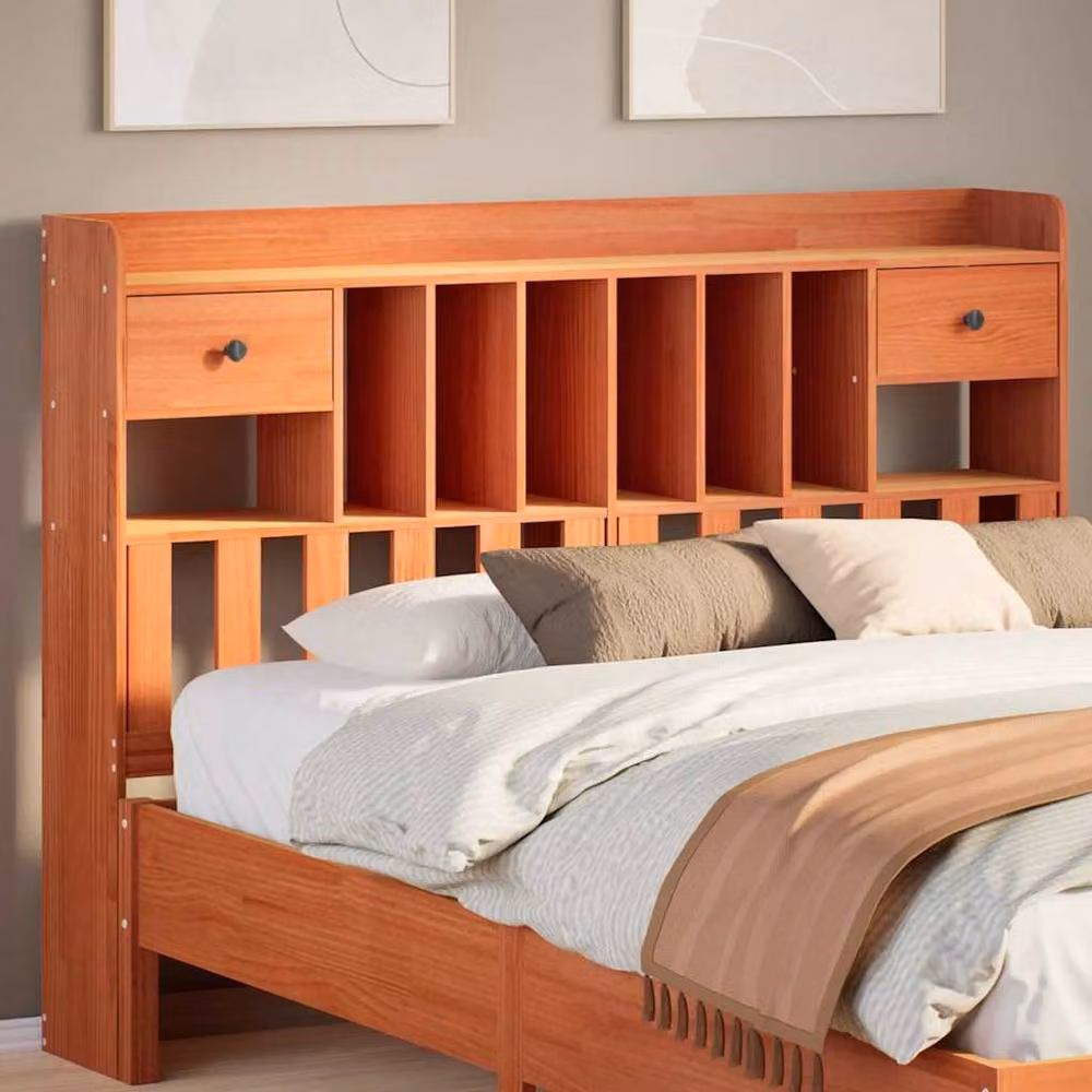 Berkfield Home Rustic Solid Wood Pine Headboard with Integrated Nightstands and Shelf, Wax Brown, 160 cm – 2