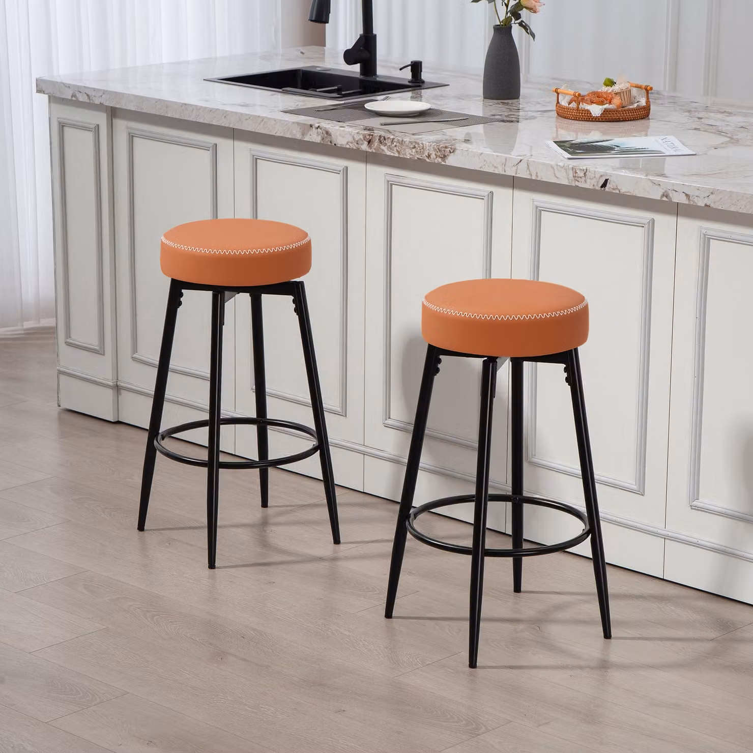 HOMCOM Set of Two Modern Faux Leather Bar Stools with Metal Legs in Brown and Black – 2
