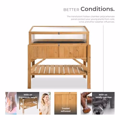 tectake Raised Garden Bed with Cold Frame and Shelf in Brown, Made of Weather-Resistant Pinewood with Polycarbonate Lid, W/D/H: 119 x 57 x 90 cm – 3