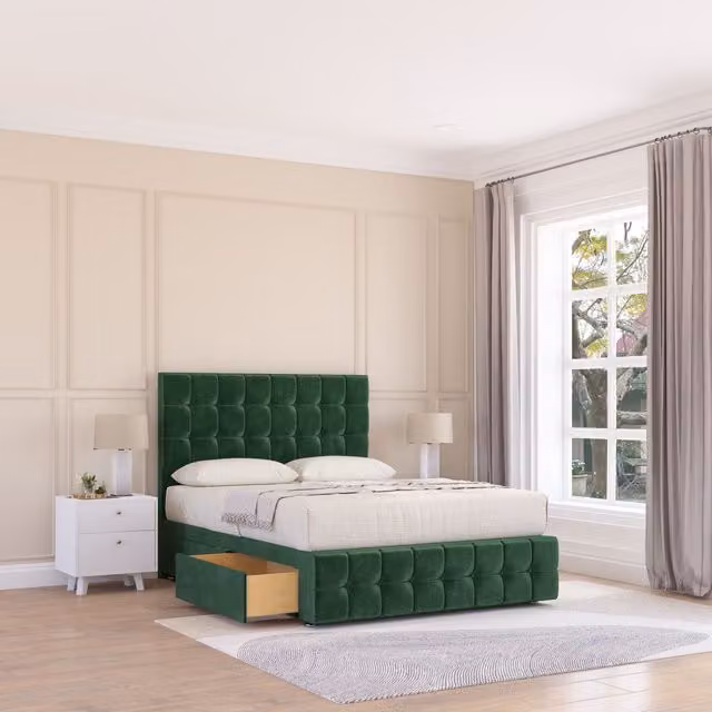 Sloomy Berlin Chesterfield Divan Bed Base in Green Velvet, W/D/H: 120 x 200 cm