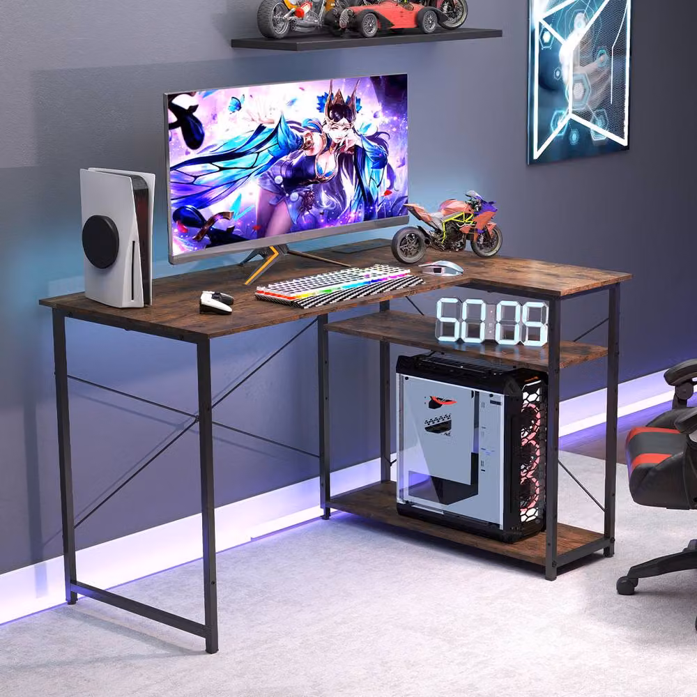 Costway L-shaped Corner Computer Desk with Power Outlet and Reversible Shelves in Brown – 7