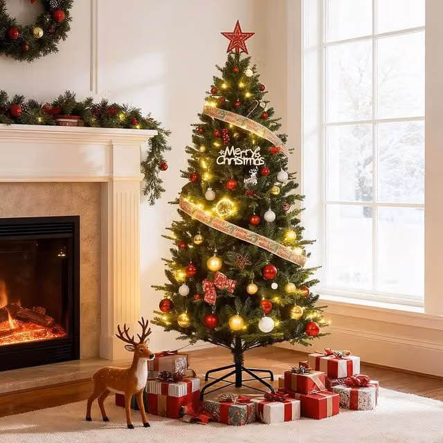 London Boutique 6ft Realistic Artificial Christmas Tree with 8 LED Lighting Modes in Green – 1