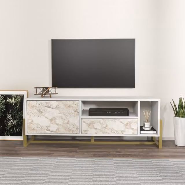 Utopia Modern TV Unit in White Marble Effect and Gold