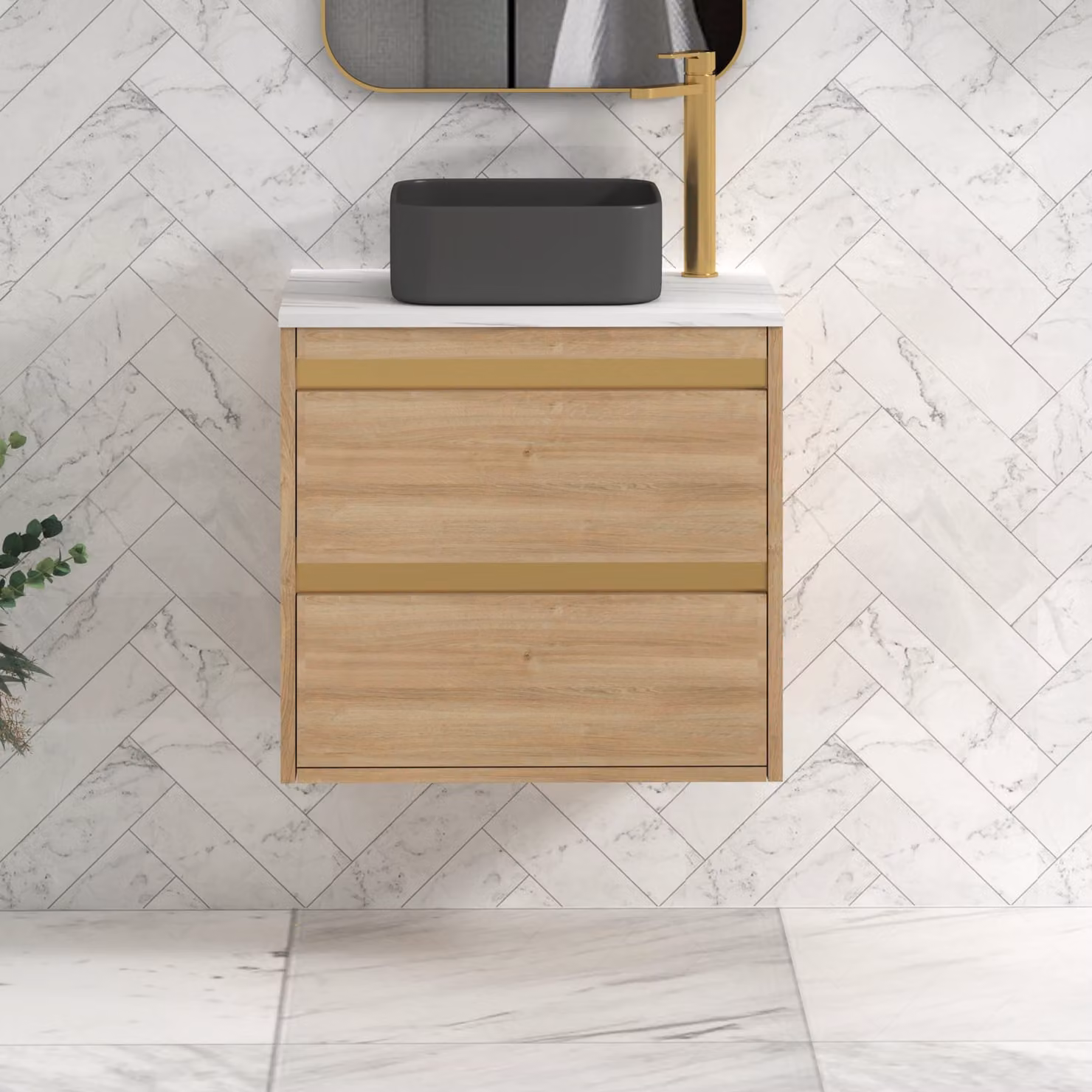 Royal Bathrooms Orion 800mm Natural Oak Wall Hung 2 Drawer Vanity Unit with Art Square Basin and Brushed Brass Accent Trim
