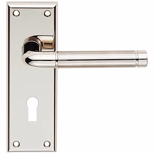 Loops Pair Round Bar Handle on Lock Backplate in Polished and Satin Nickel, W: 150 mm, H: 50 mm