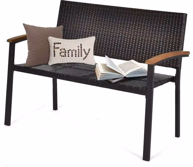 Kelvenix Brown Stackable Outdoor Garden Bench with Acacia Wood and Rattan Details