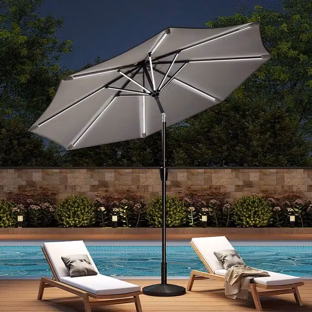 Livingandhome LED Strips Garden Parasol with Round Base in Light Grey
