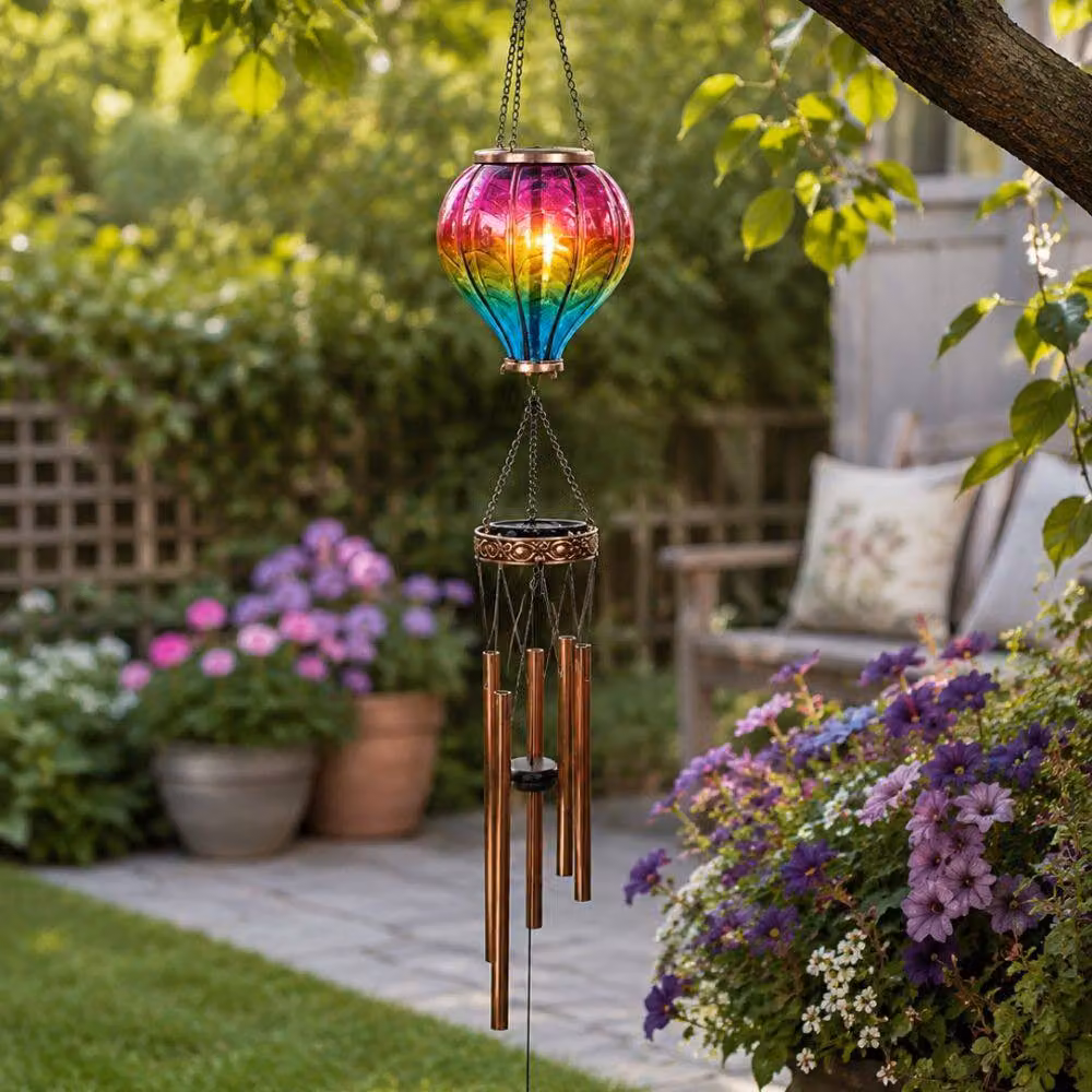 Marco Paul Solar Hot Air Balloon Wind Chime with Warm White LED Flame Effect, Multicolour, Height: 105 cm – 5