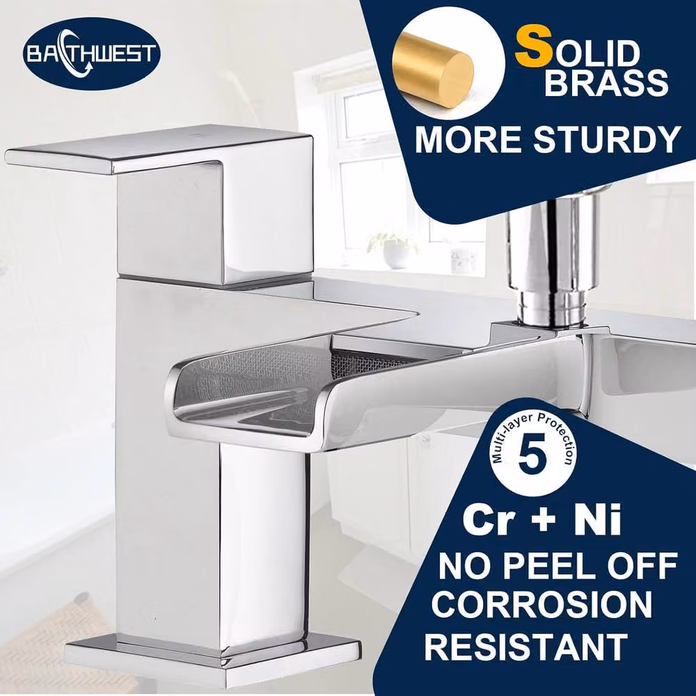 BATHWEST Waterfall Bath Tap with Square Shower Set in Silver Chrome Brass – 2